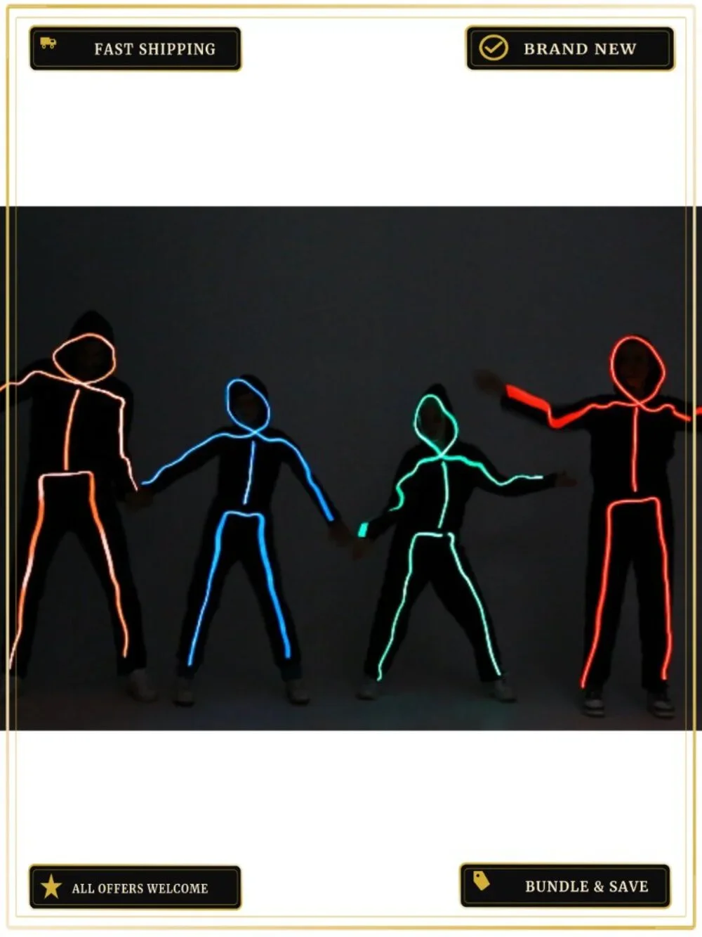 Light Up Stick Figure Costume EL Wire Neon LED Kids Halloween Cosplay